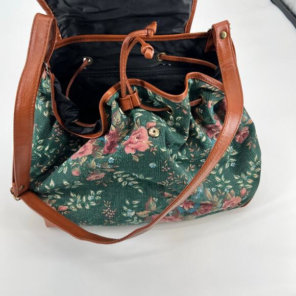 VINTAGE 90’s Avon tapestry shoulder bag green floral pattern brown trim boho y2k - Picture 5 of 8